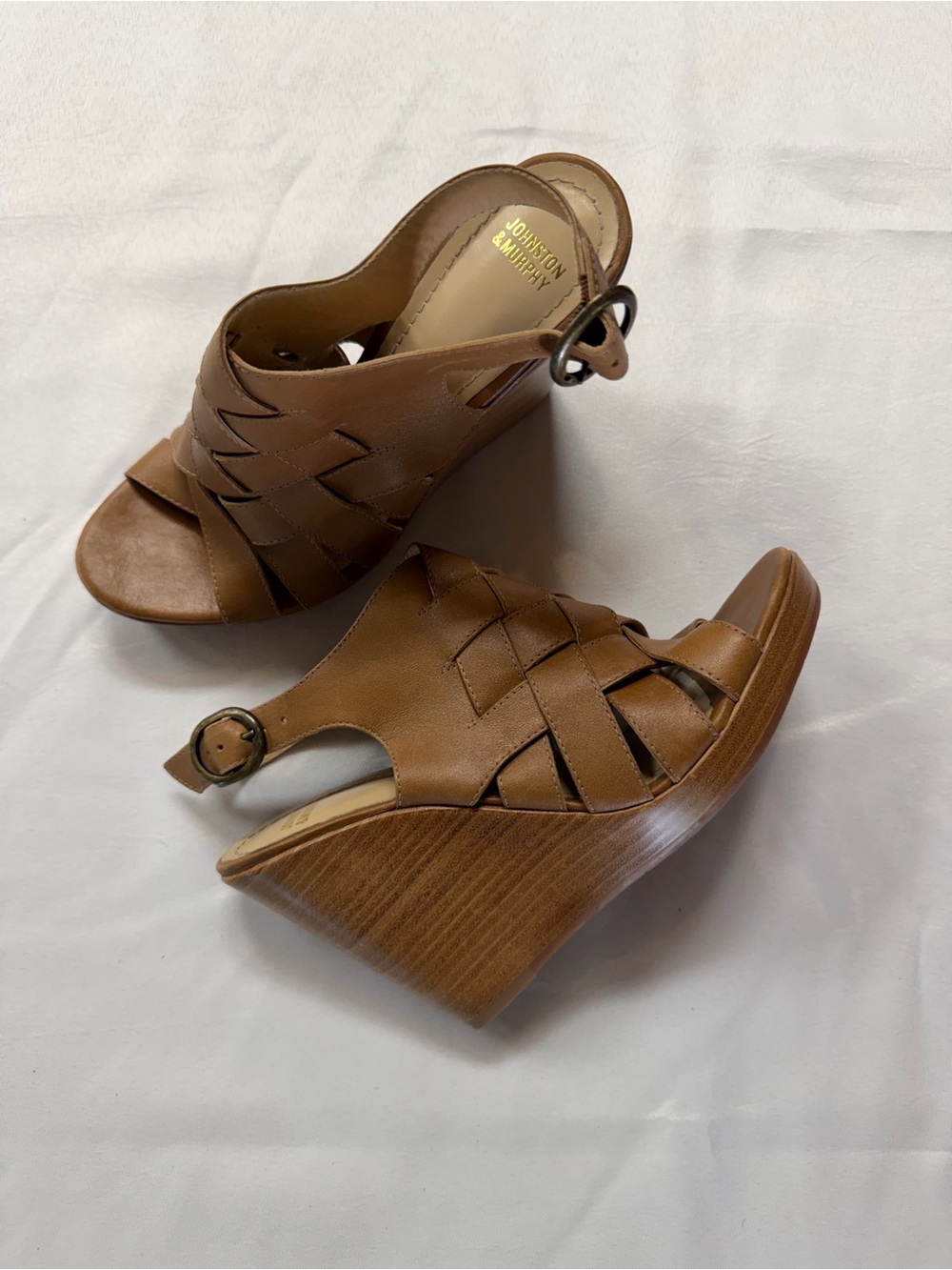 Johnston & Murphy Cognac Leather Woven Wedge Sandals